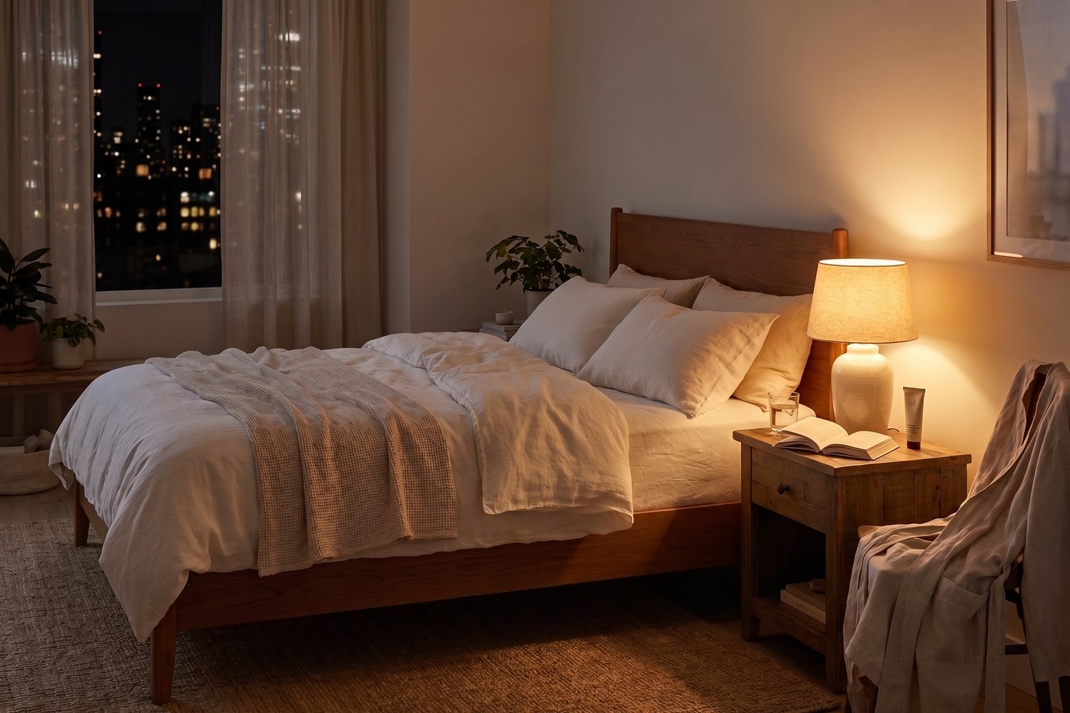 Quarto acolhedor à noite com cama de linho, livro aberto, robe e iluminação suave.