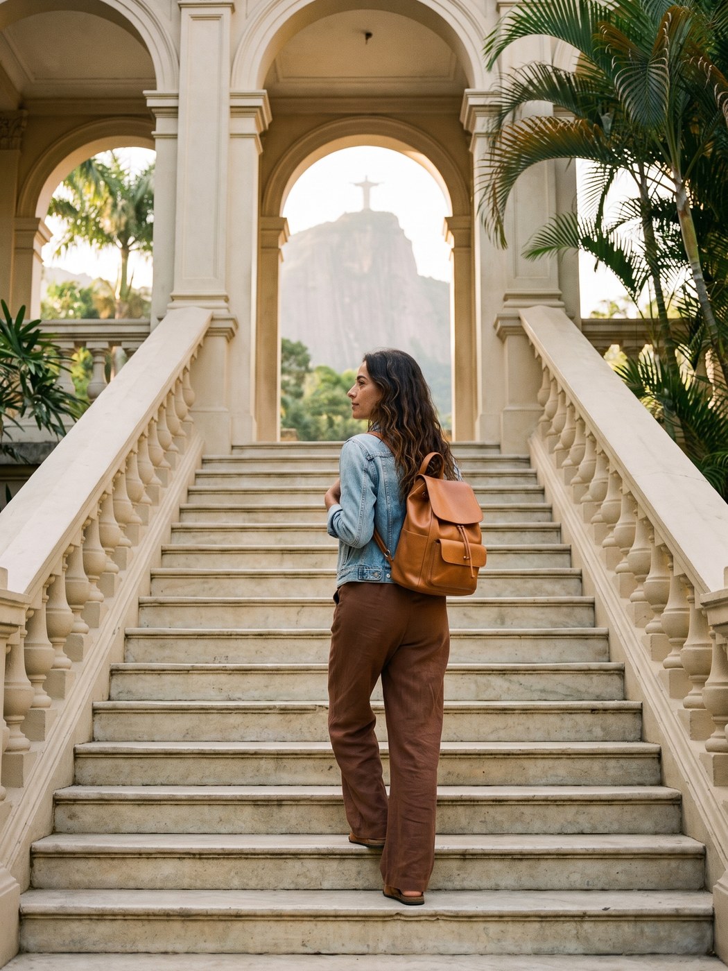 Mulher com mochila subindo uma escadaria de pedra, o Cristo Redentor enquadrado ao fundo pelo arco.