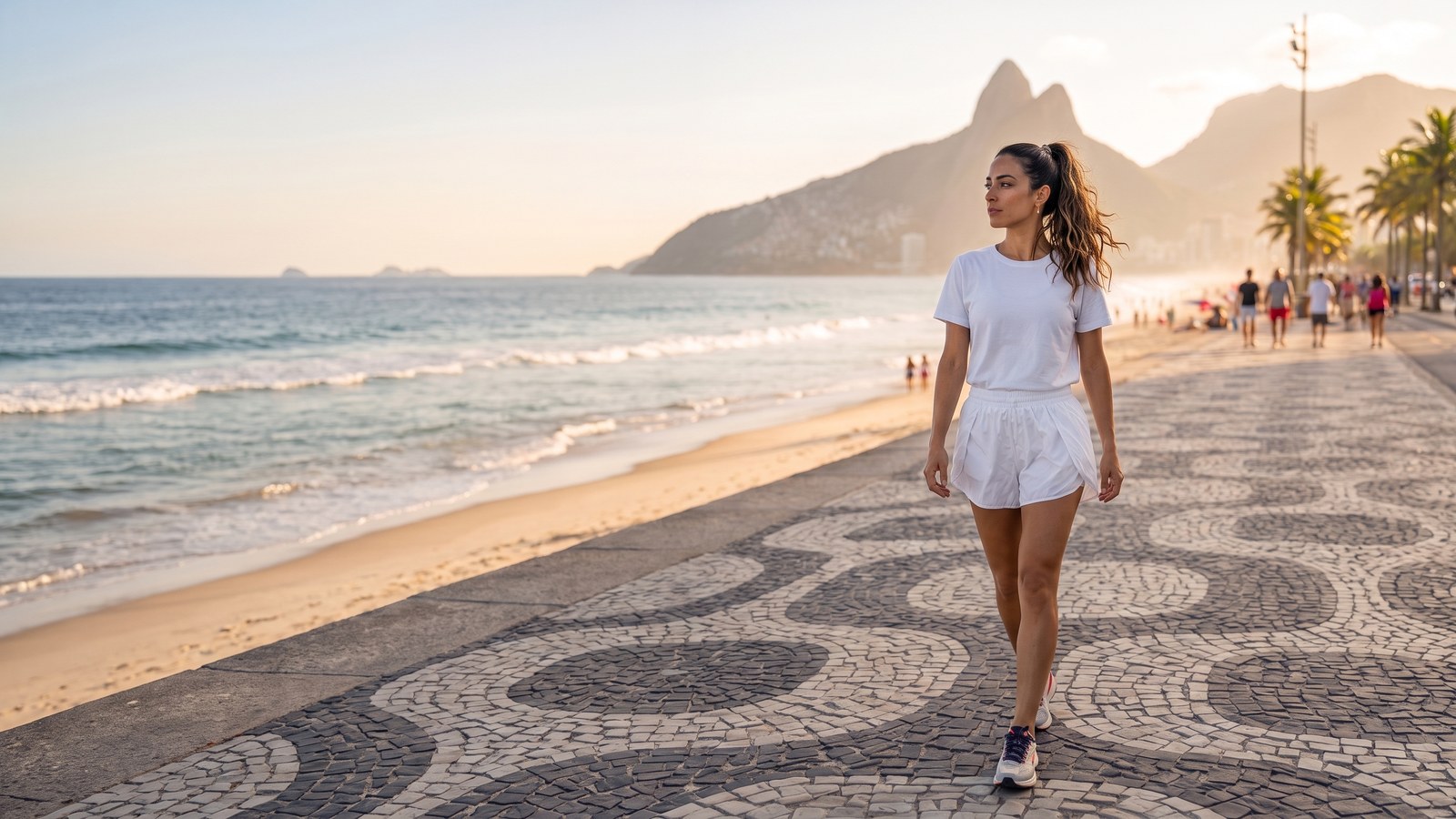 Mulher caminhando pelo calçadão de Ipanema ao fim da tarde, com o Dois Irmãos ao fundo