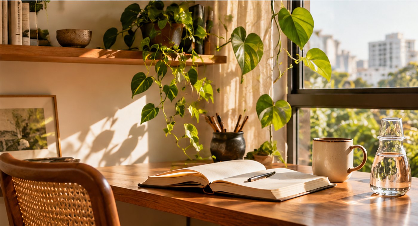 Home office com escrivaninha de madeira, plantas e luz suave
