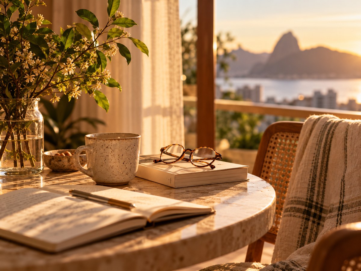 Mesa de mármore ao pôr do sol com xícara, livro, óculos, caderno aberto e flores, vista do Pão de Açúcar ao fundo