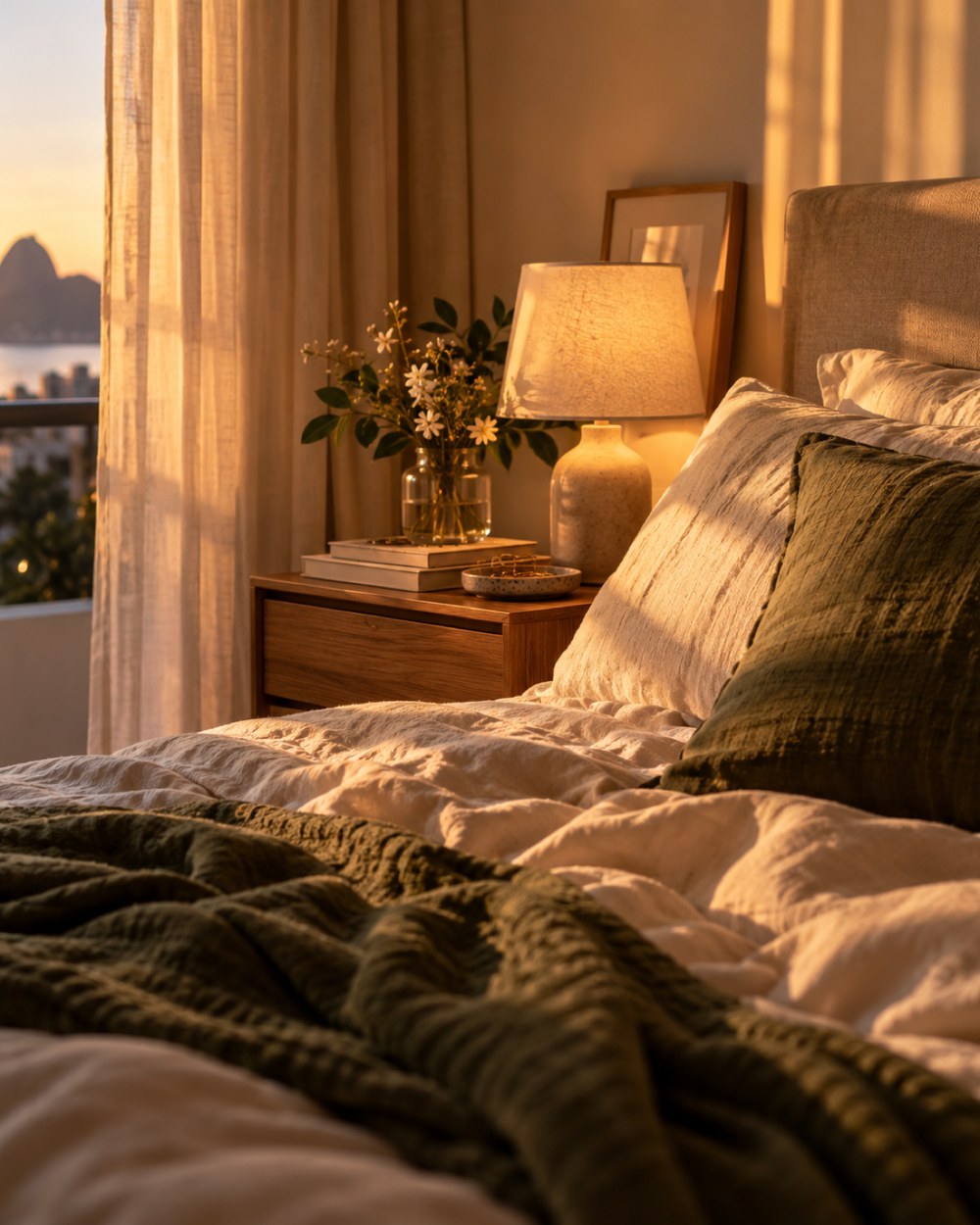 Quarto ao pôr do sol com abajur aceso no criado-mudo, flores, roupa de cama de linho clara e almofada verde, vista do Rio pela janela