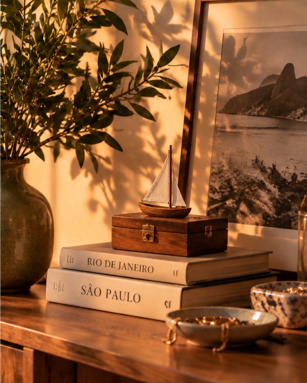 Sobre um aparador de madeira, livros de Rio de Janeiro e São Paulo com um barquinho de enfeite, um quadro do Rio, vaso com folhagem e pratinhos com joias, luz dourada